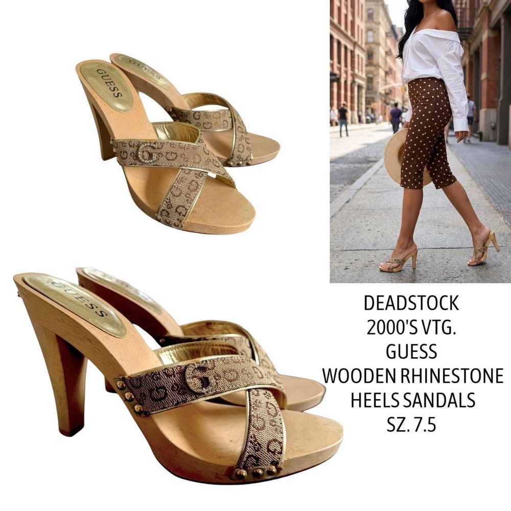 Stunning rare vtg. deadstock Y2K Guess monogram rhinestone wooden sandals 7.5‎